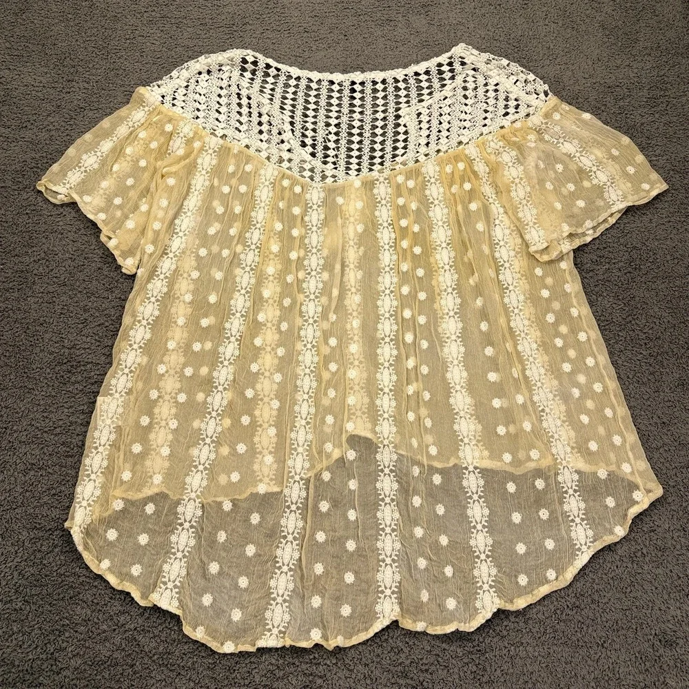 House of Harlow 1960 Shirt Womens Medium Silk Sheer Crochet Tassel Boho Fairy - Picture 9 of 12
